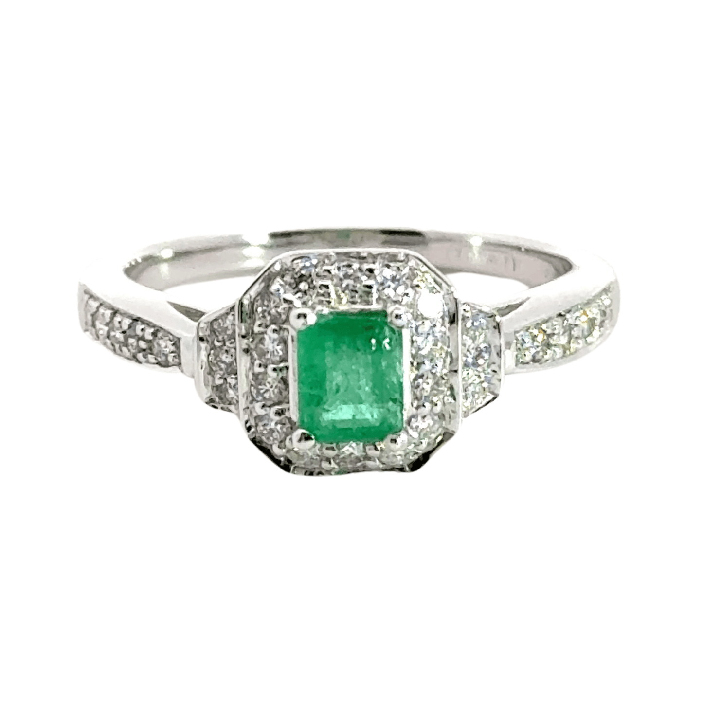 18CT White Gold Emerald Centre Stone Diamond Ring Aces Jewellers 