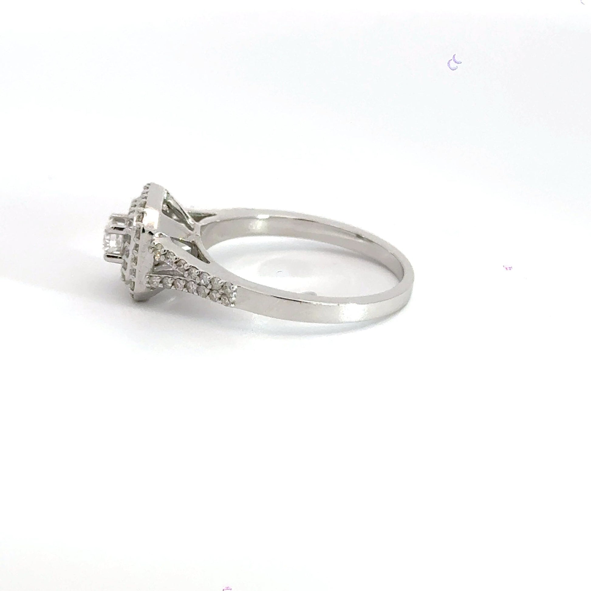 18CT White Gold Square Halo Split Shoulder Diamond Ring Aces Jewellers 