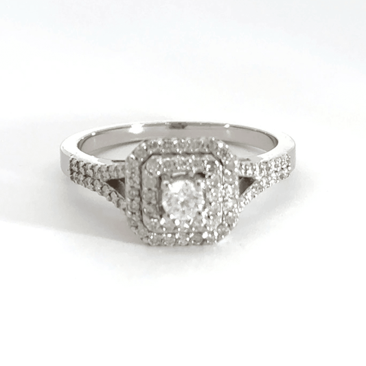 18CT White Gold Square Halo Split Shoulder Diamond Ring Aces Jewellers 