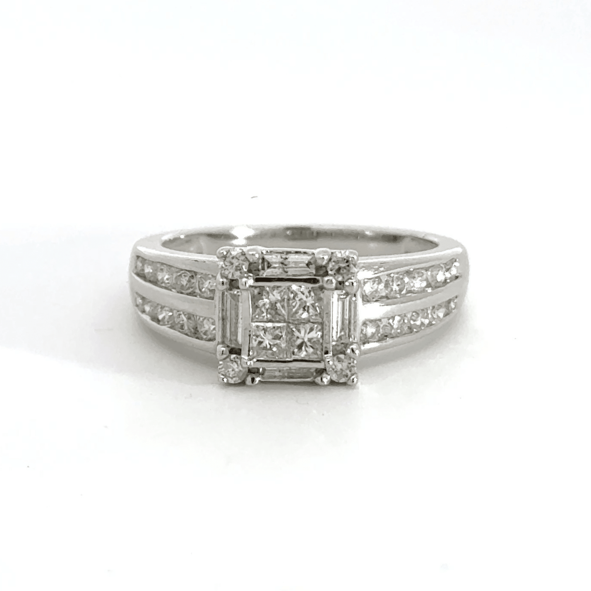 18CT White Gold Square Cluster Diamond Ring Double Row Diamond Shoulders Aces Jewellers 