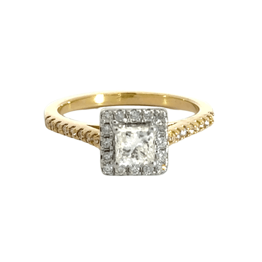 18CT Yellow Gold Princess Cut Halo Diamond Ring Aces Jewellers 