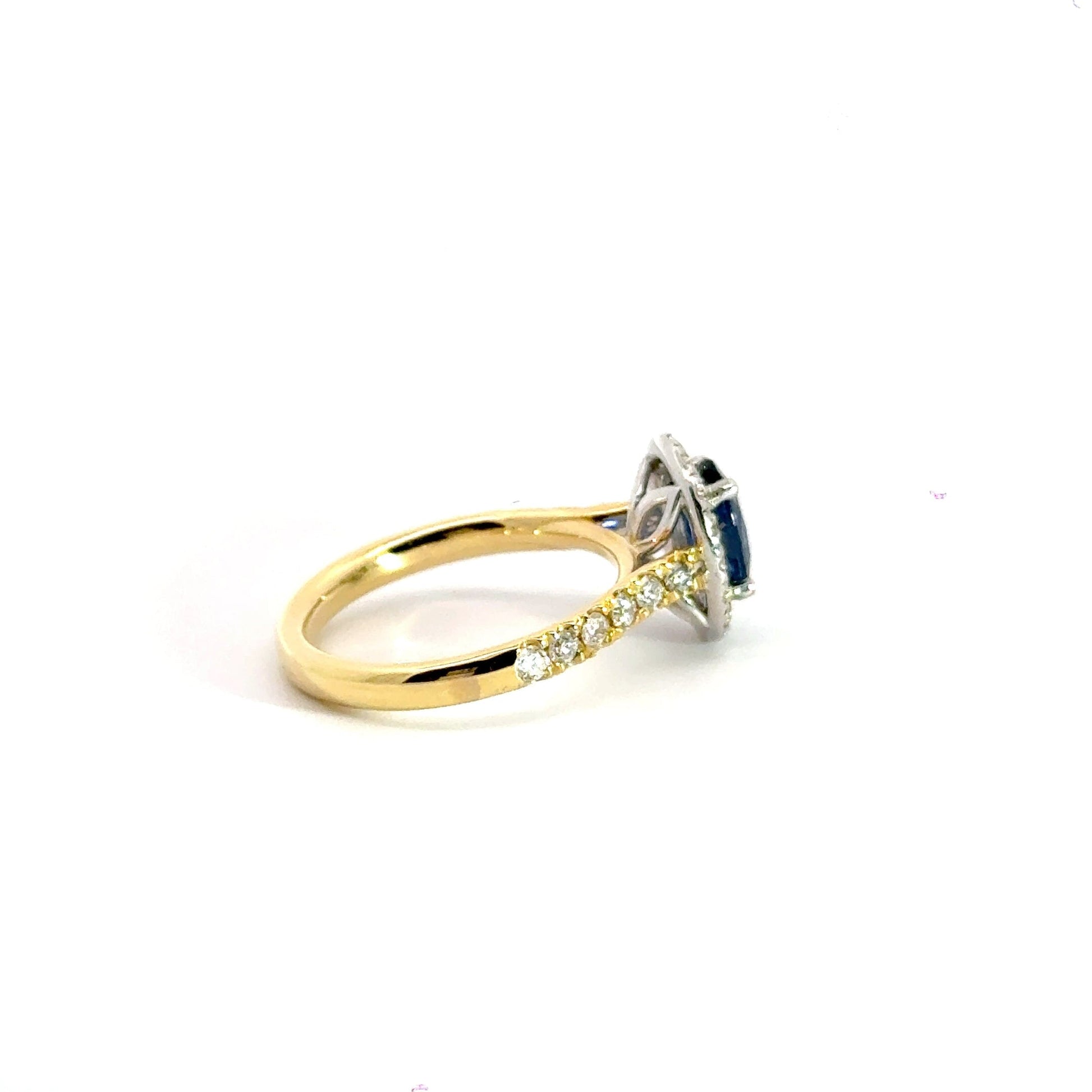 18CT Yellow Gold Sapphire Diamond Halo Ring Aces Jewellers 