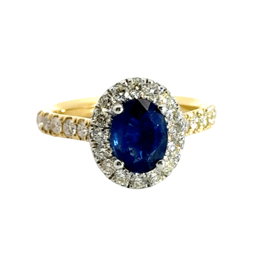 18CT Yellow Gold Sapphire Diamond Halo Ring Aces Jewellers 