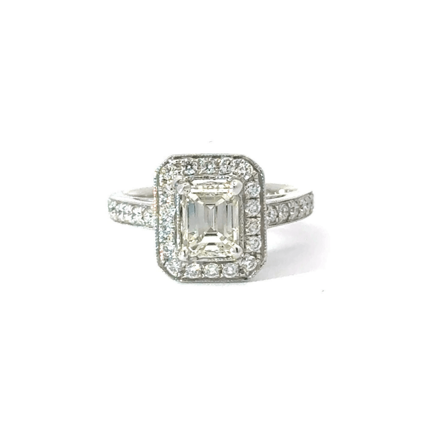 18ct White Gold Emerald Cut Halo Diamond Ring Aces Jewellers 