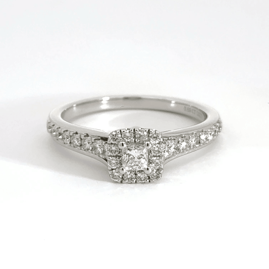 18CT White Gold Square Halo Diamond Shoulder Ring Aces Jewellers 