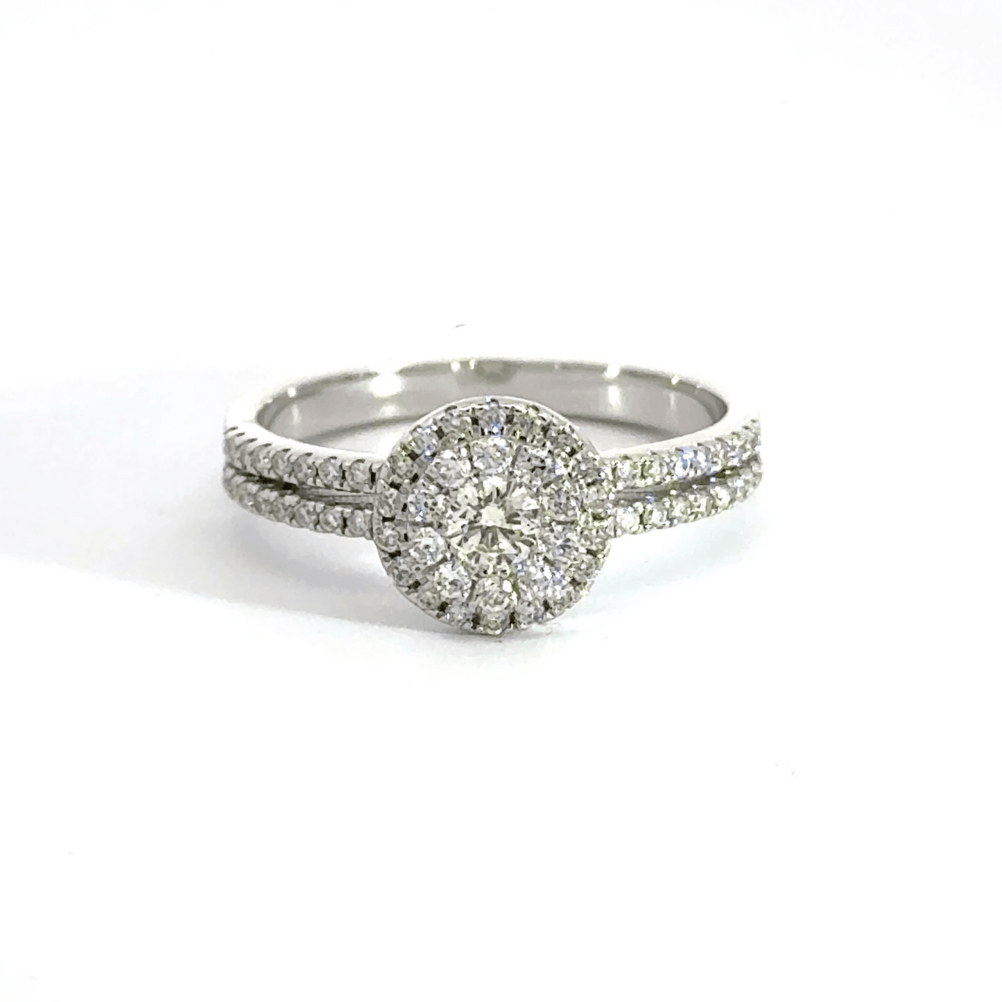 18CT White Gold Diamond Round Halo Split Shoulders Ring Aces Jewellers 