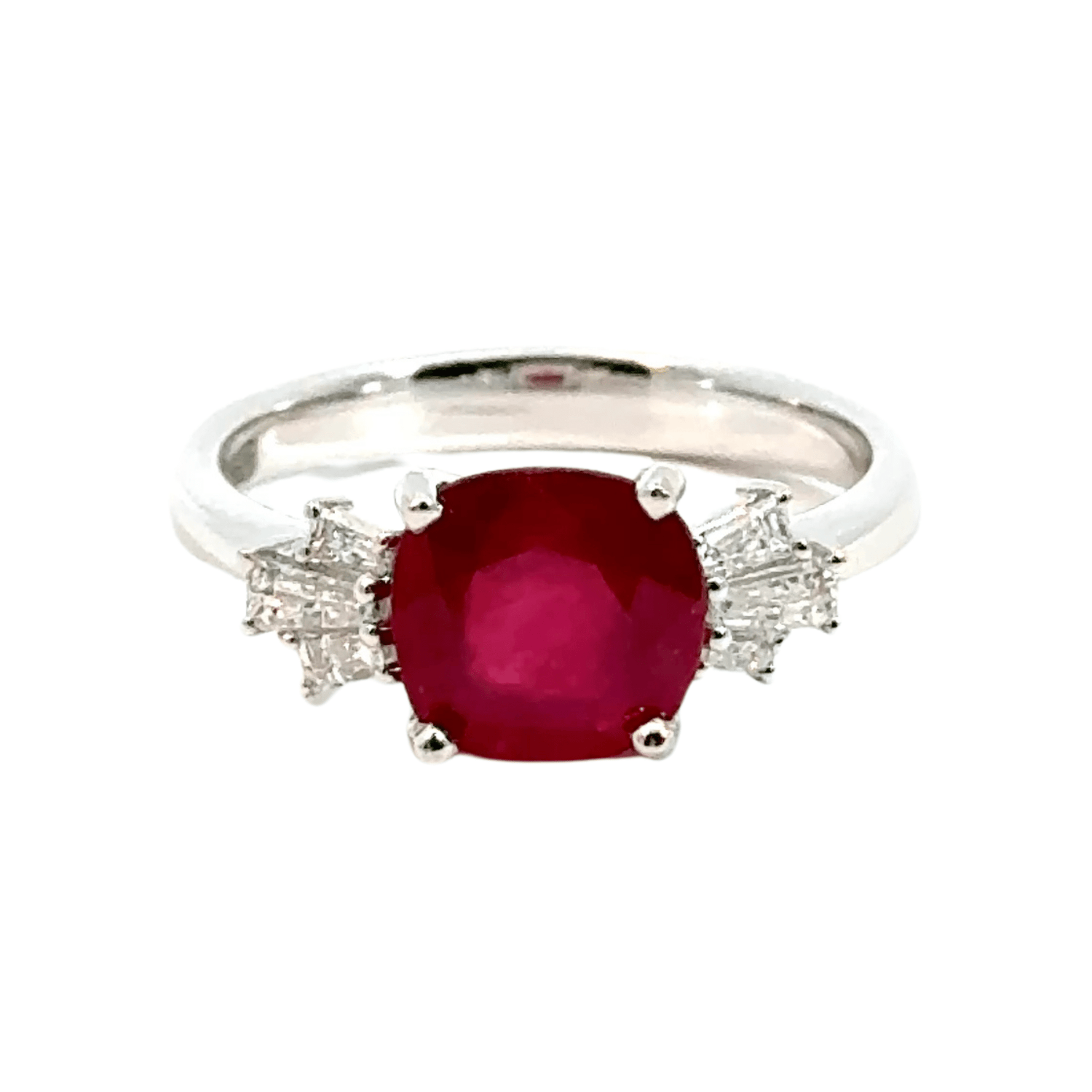 18CT White Gold Ruby and Diamonds Trilogy Ring Aces Jewellers 