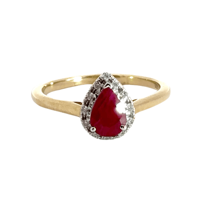 9CT Yellow Gold Ruby & Diamonds Teardrop Ring Aces Jewellers 