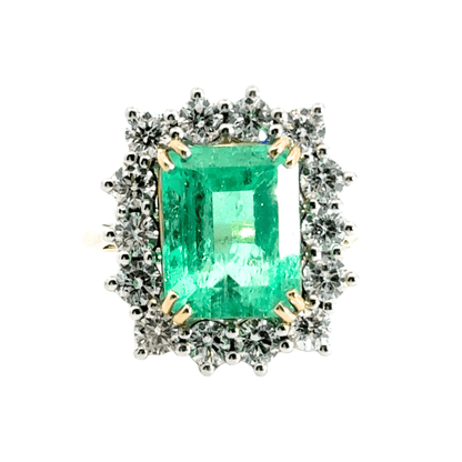 18CT Yellow Gold 5.05CT Columbian Emerald Ring & 2.00CT Diamonds Cluster Aces Jewellers 