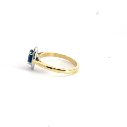 18CT Yellow Gold Sapphire and Diamond Halo Ring Aces Jewellers 