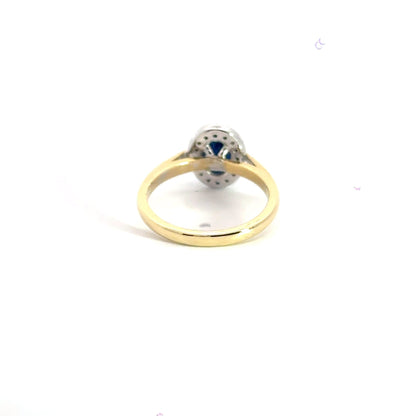 18CT Yellow Gold Sapphire and Diamond Halo Ring Aces Jewellers 