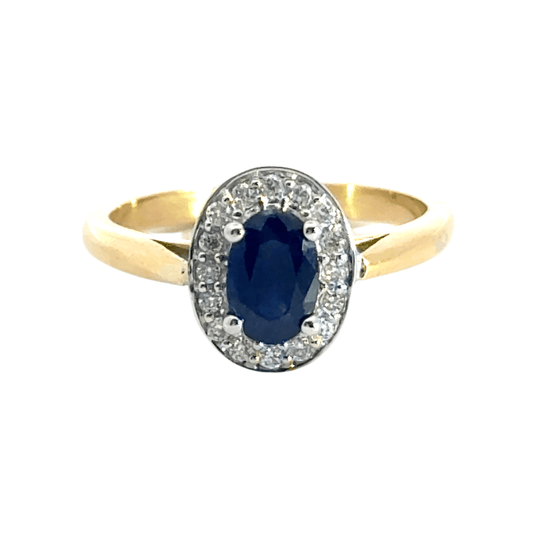 18CT Yellow Gold Sapphire and Diamond Halo Ring Aces Jewellers 