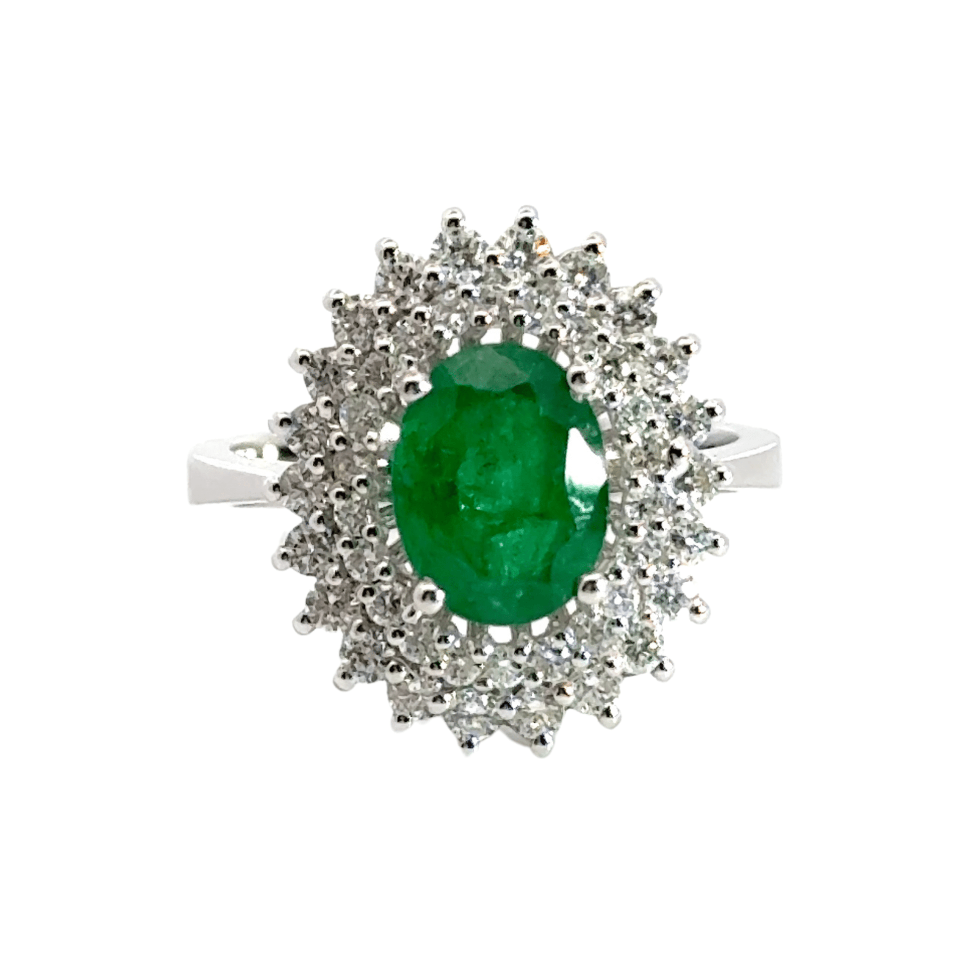 18CT White Gold Cluster Emerald and Diamond Ring Aces Jewellers 