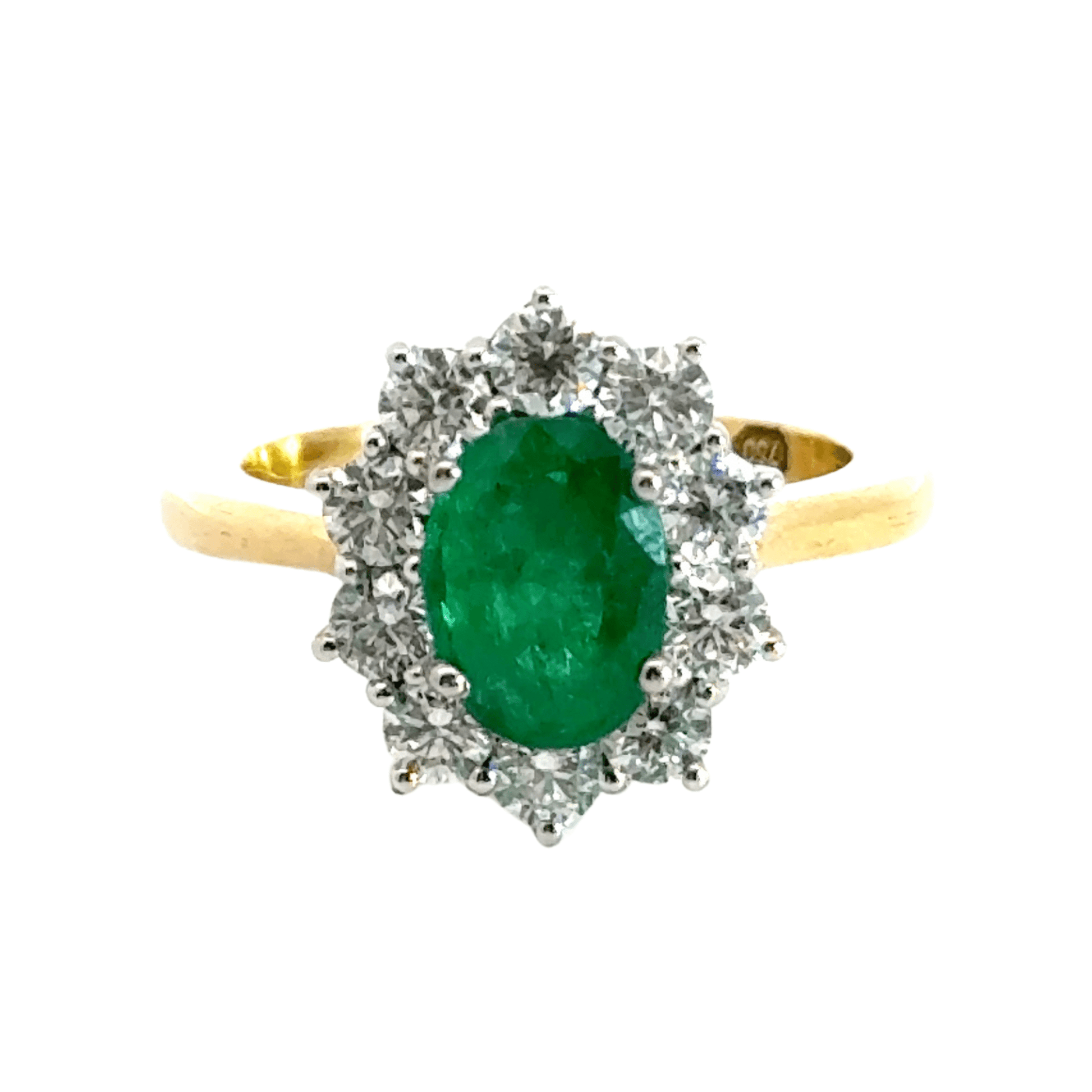 18CT Yellow Gold Emerald Diamond Cluster Ring Aces Jewellers 