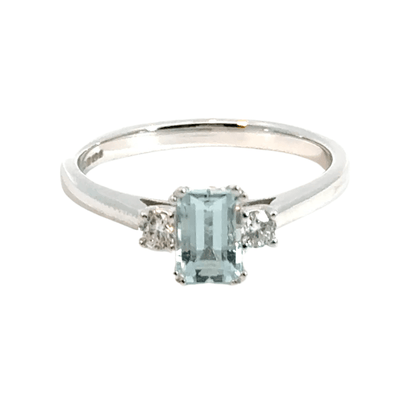 9CT White Gold Rectangle Aquamarine & Diamond Trilogy Ring Aces Jewellers 