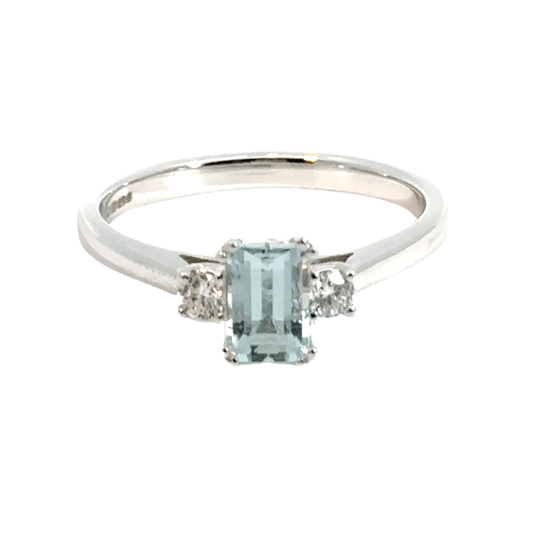 9CT White Gold Rectangle Aquamarine & Diamond Trilogy Ring Aces Jewellers 