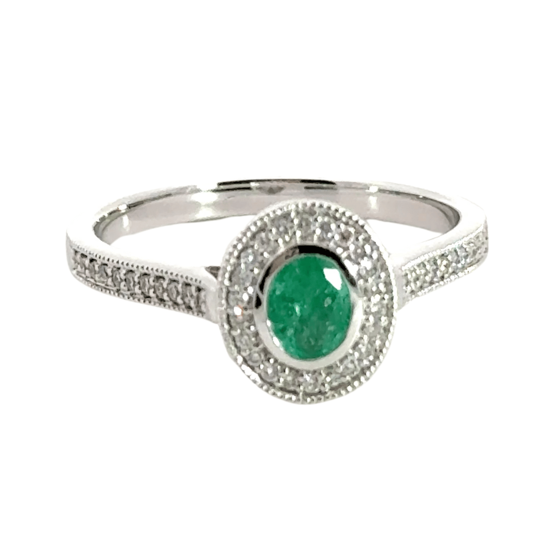 9CT White Gold Emerald Diamond Ring Halo Aces Jewellers 