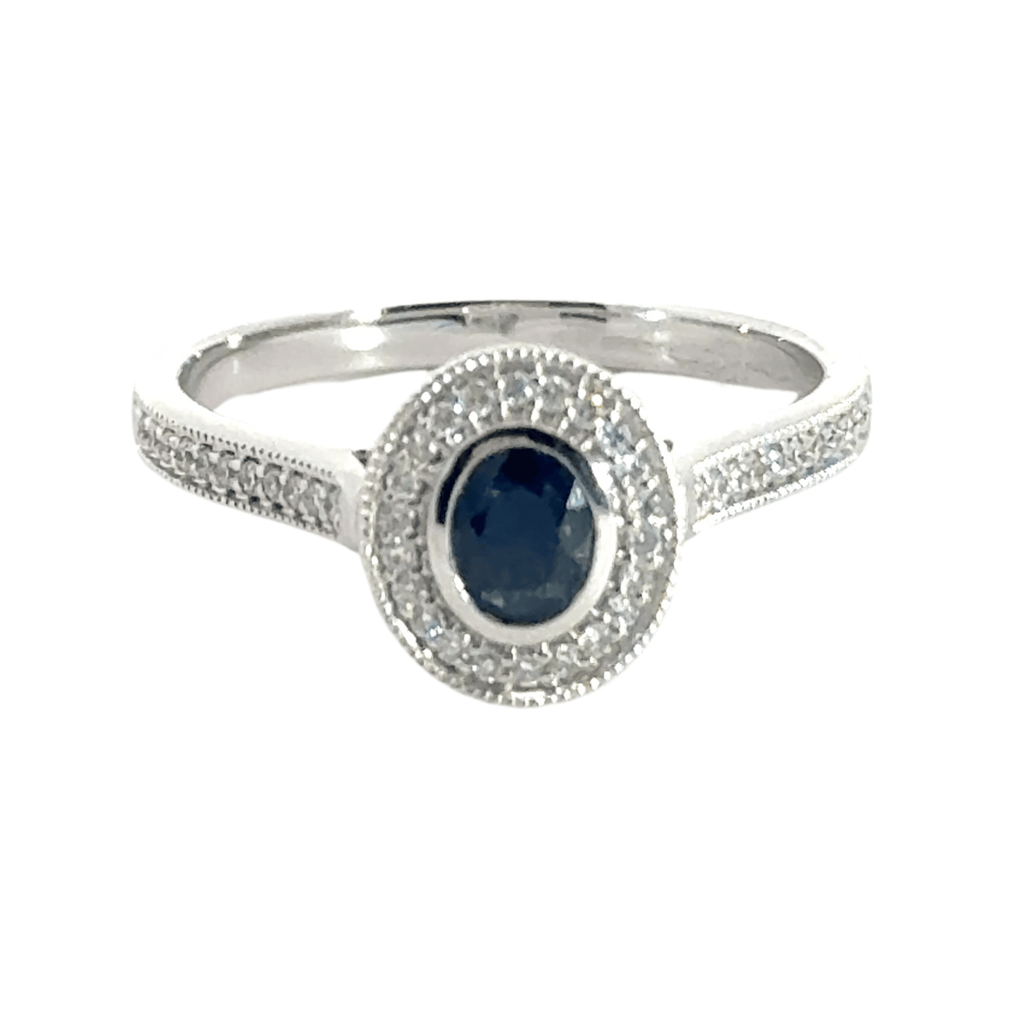 9CT White Gold Sapphire Diamond Halo Ring Aces Jewellers 