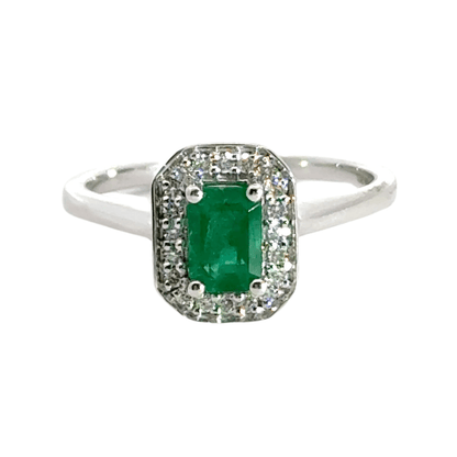 9CT White Gold Emerald Diamond Ring Halo Aces Jewellers 