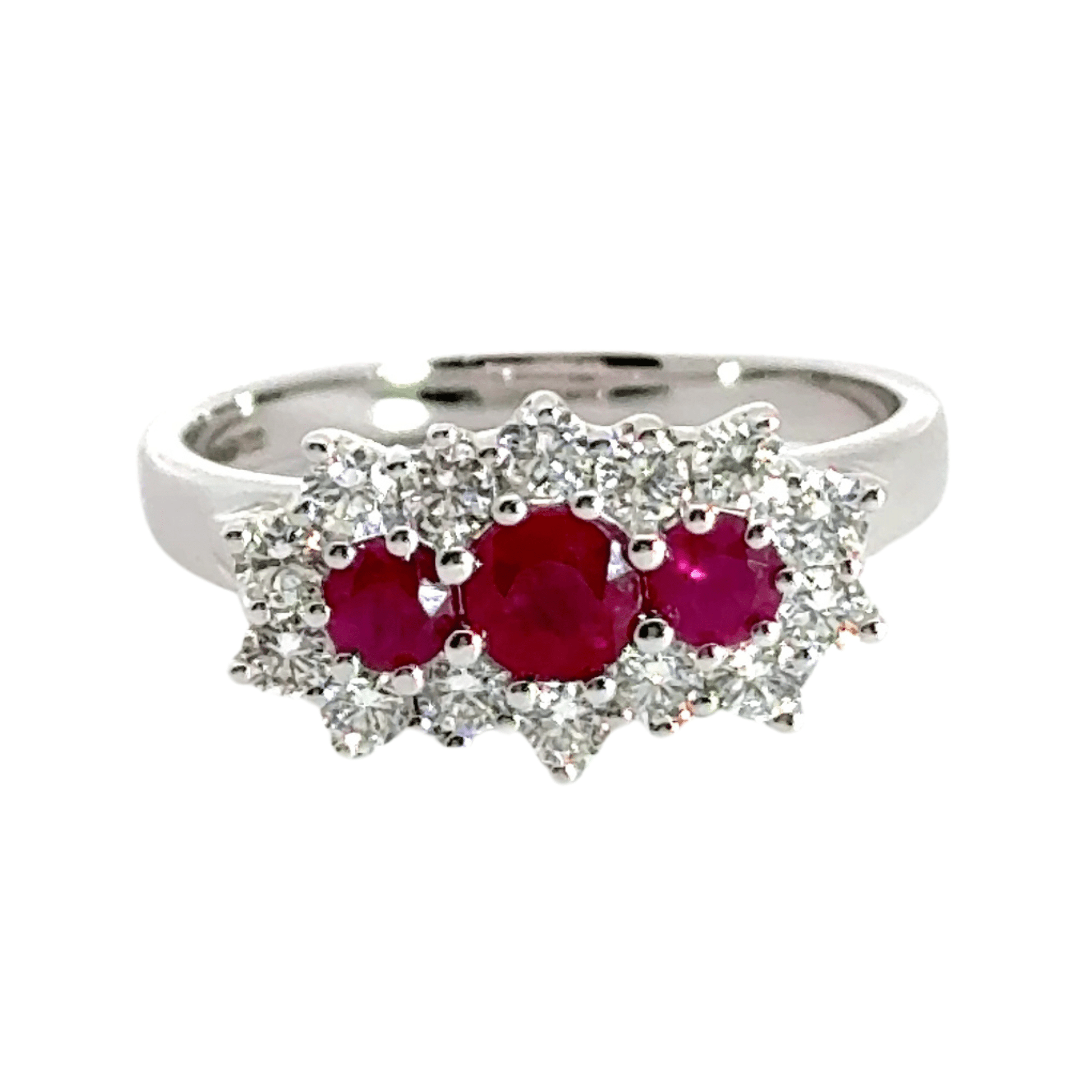 9CT White Gold Trilogy Cluster Ruby & Diamonds Aces Jewellers 