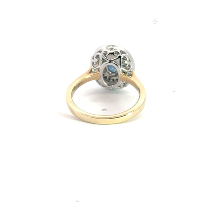 9CT Yellow Gold / White Gold Oval Sapphire Diamond Ring Double Halo Aces Jewellers 