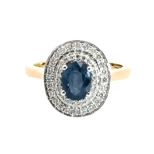 9CT Yellow Gold / White Gold Oval Sapphire Diamond Ring Double Halo Aces Jewellers 