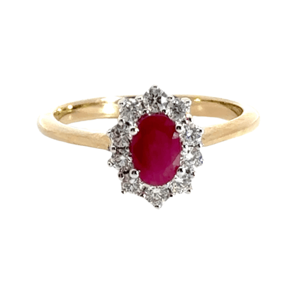 9CT Yellow Gold Cluster Ruby & Diamond Halo Ring Aces Jewellers 