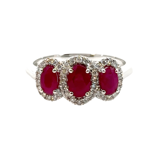 9CT White Gold Ruby & Diamonds Trilogy Ring Aces Jewellers 