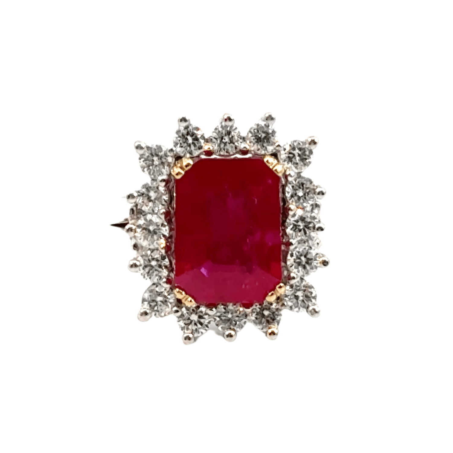 18CT White Gold Baguette Ruby Diamond Cluster Halo Aces Jewellers