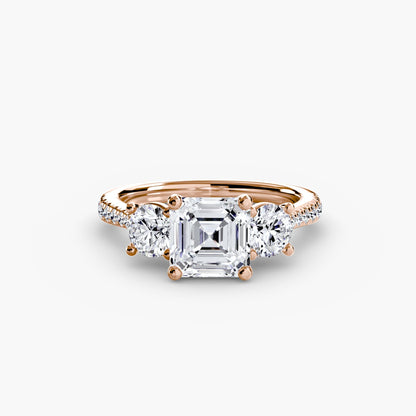 Three-Stone with Pavé Band setting Aces Jewellers 9K Rose Gold Asscher 