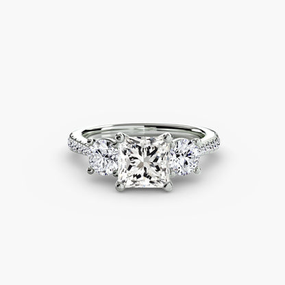 Three-Stone with Pavé Band setting Aces Jewellers 9K White Gold Princess 