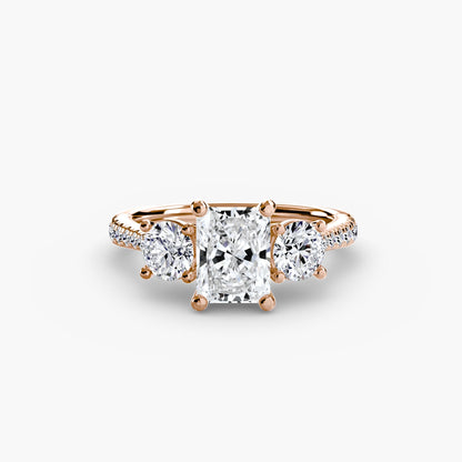 Three-Stone with Pavé Band setting Aces Jewellers 9K Rose Gold Radiant 