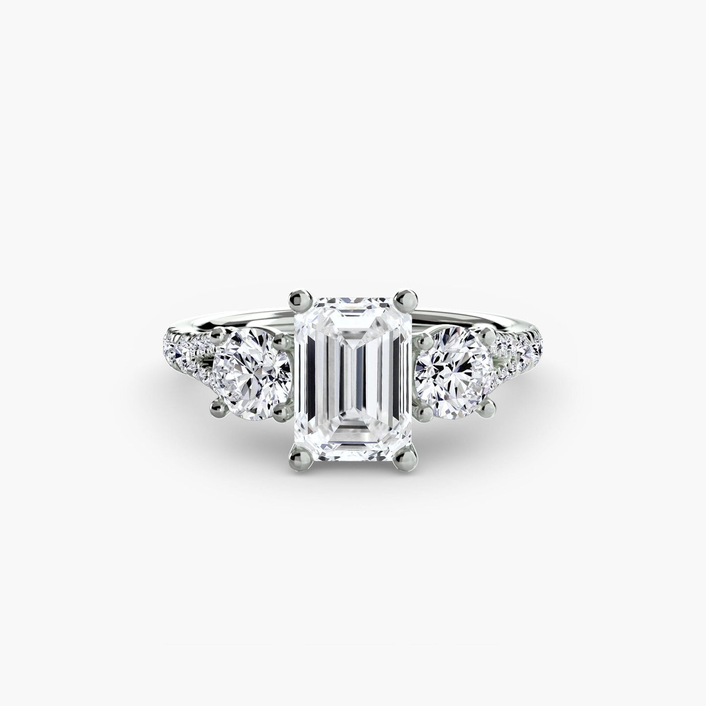 Three-Stone with Pavé Band 3 setting Aces Jewellers 9K White Gold Emerald 