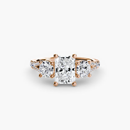 Three-Stone with Pavé Band 3 setting Aces Jewellers 9K Rose Gold Radiant 