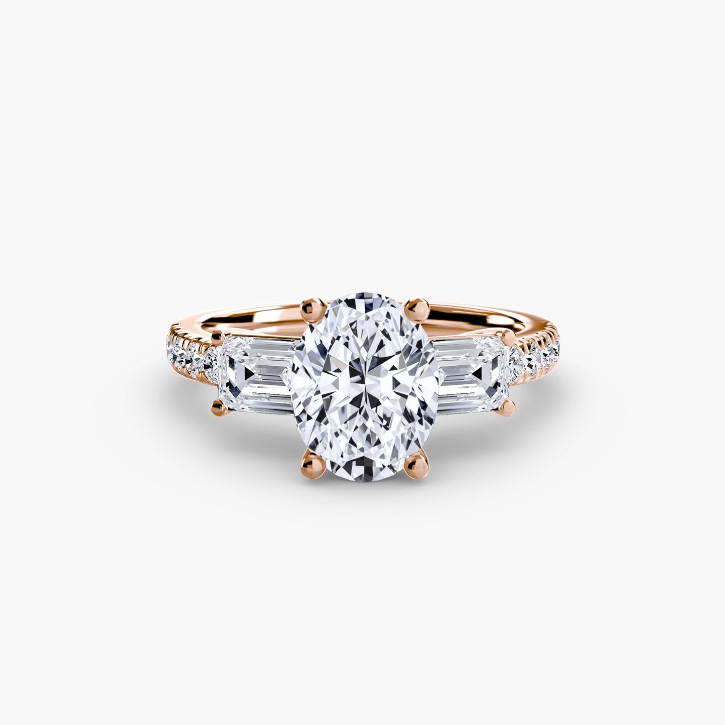 Three-Stone Ring with Pavé Band 4 setting Aces Jewellers 9K Rose Gold Oval 