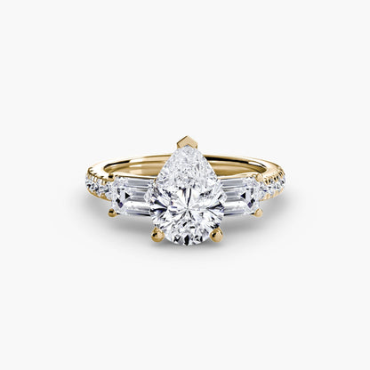 Three-Stone Ring with Pavé Band 4 setting Aces Jewellers 9K Yellow Gold Pear 