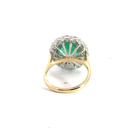 18CT Yellow Gold Oval 4.00CT Emerald Ring with 1.71CT Diamonds Halo Aces Jewellers 