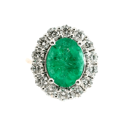 18CT Yellow Gold Oval 4.00CT Emerald Ring with 1.71CT Diamonds Halo Aces Jewellers 