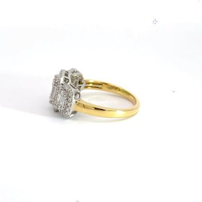 18CT Yellow Gold Trilogy Ring Diamond Cluster Halo Aces Jewellers 