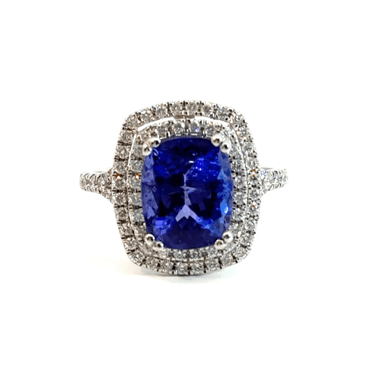 18CT White Gold Double Halo Tanzanite Diamond Ring Aces Jewellers 