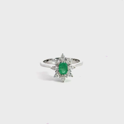 18CT White Gold Cluster Diamond and Emerald Ring