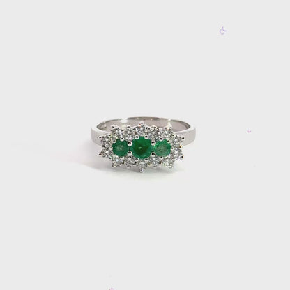 9CT White Gold Emerald Trilogy Cluster Diamond Ring