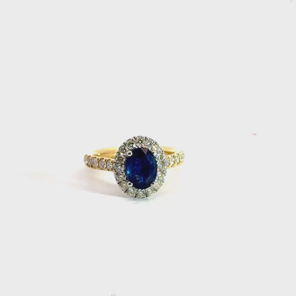 18CT Yellow Gold Sapphire Diamond Halo Ring