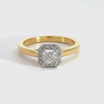 18CT Yellow Gold Princess Diamond Ring Halo