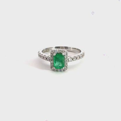 18CT White Gold Emerald Halo Diamond Ring