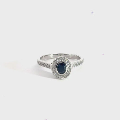 9CT White Gold Sapphire Diamond Halo Ring