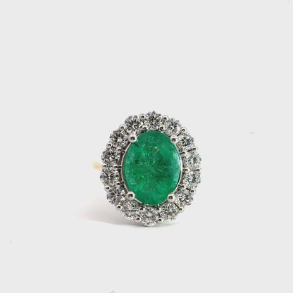 18CT Yellow Gold Oval 4.00CT Emerald Ring with 1.71CT Diamonds Halo