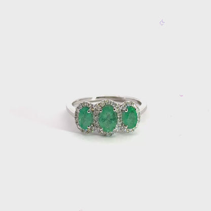 9CT White Gold Emerald Halo Trilogy Ring