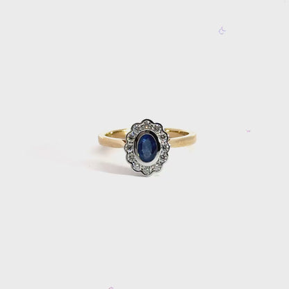 9CT Yellow Gold Oval Diamond Sapphire Halo Ring