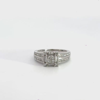 18CT White Gold Square Cluster Diamond Ring Double Row Diamond Shoulders